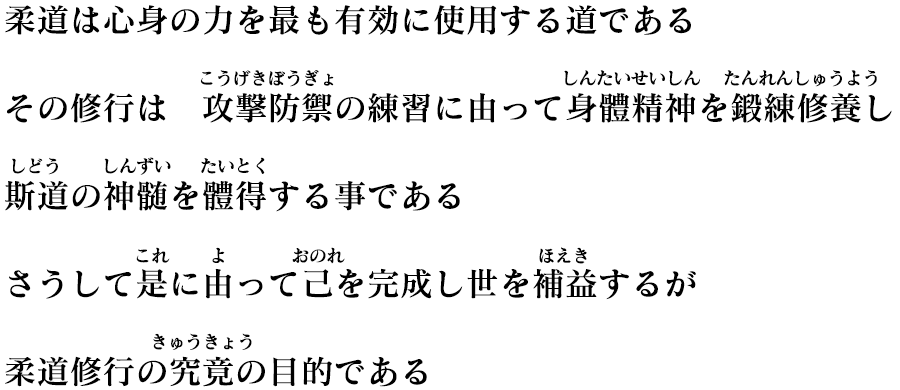 柔道は心身の力を最も有効に使用する道である
その修行は　攻撃こうげき防禦ぼうぎょの練習に由って身體しんたい精神せいしんを鍛練たんれん修養しゅうようし　斯道しどうの神髄しんずいを體得たいとくする事である
さうして是これに由よって己おのれを完成し世を補益ほえきするが　柔道修行の究竟きゅうきょうの目的である